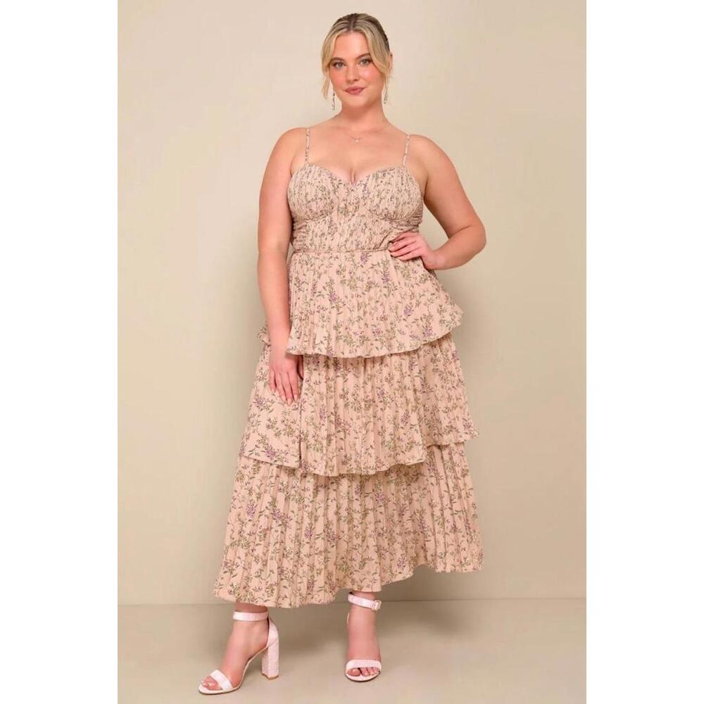 NWT Lulus Women’s Cascading Crush Pink Floral Print Tiered Bustier Midi Dress